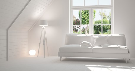 Obraz na płótnie Canvas Idea of white room with sofa and summer landscape in window. Scandinavian interior design. 3D illustration