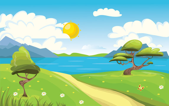 Cartoon landscape. Mountains, sea or lake, trees and dirt road. Blue sky with white clouds and sun. Vector Illustration.