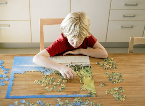 Portrait Of A Boy Doing A Puzzle