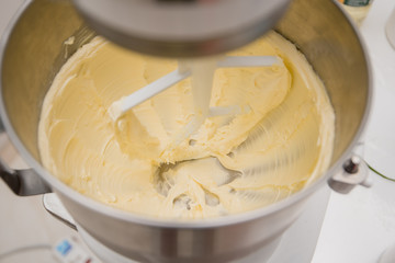 Flour and butter in dough mixing machine, bakery machine