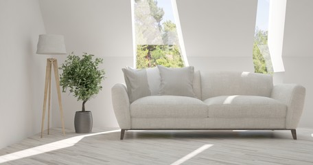 Idea of white room with sofa and summer landscape in window. Scandinavian interior design. 3D illustration