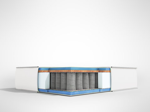 Modern White Orthopedic Mattress In Section With Blue Filler 3d Render On Gray Background