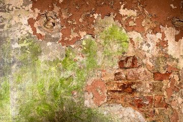 Old brick wall with peeled paint