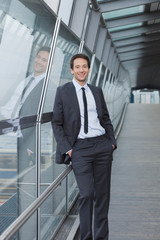businessman at window pane, total view