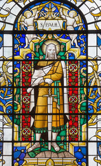 LONDON, GREAT BRITAIN - SEPTEMBER 14, 2017: The saint Paul the apostle on the stained glass in church St. Lawrence Jewry by Christopher Webb (half of 20. cent.)