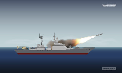 Warship shooting a rocket. Military ship and a missile on sea background. News image about the armed conflict © shaineast