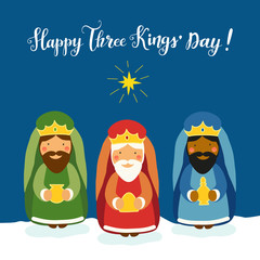 Cute Three Kings' Day card with hand drawn characters