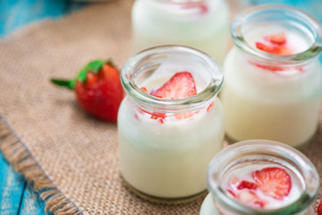 Strawberry Yoghurt. Healthy food with Strawberries and yoghurt breakfast on table.