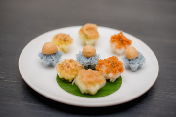 ancient Thai Dessert, Thai sweet dessert and ingredient in bowl on black background, appetizer, Thai Dessert, Thai food