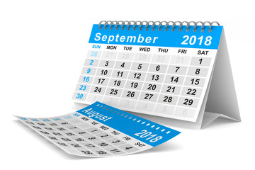 2018 year calendar. September. Isolated 3D illustration