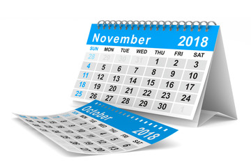 2018 year calendar. November. Isolated 3D illustration