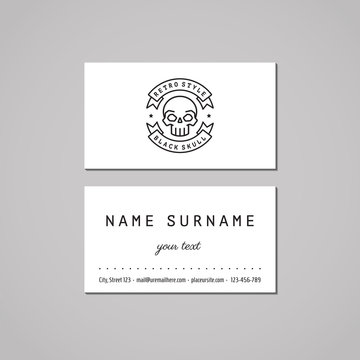 Business card with skull and ribbon black logo (vector).
