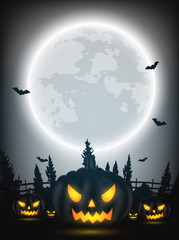 Halloween night background with pumpkin, naked trees, bat and full moon on dark background