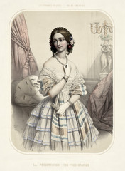 Old illustration of a beautiful woman wearing vintage clothes. By  Alophe, publ. in New York, 1851