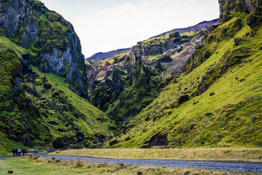 Icelandic landscapes in the Vik area. Endless spaces, green and mountain.