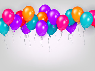 Horizontal line, border of shiny colorful balloons, party banner, poster, greeting card decoration element, realistic vector illustration. Bunch, group, line of colorful shiny balloons