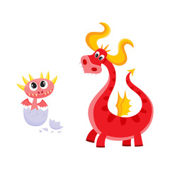 vector flat cartoon funny red adult, mature dragon with horns and wings and small baby cute dragon hatching from egg. Fairy character set. Isolated illustration on a white background.