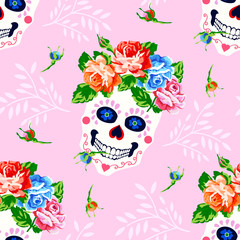 Seamless pattern with skull and rose. Floral skull background  