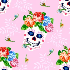 Papier peint Crâne humain en fleurs Modèle sans couture avec crâne et rose. Fond de crâne floral