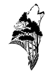 Obraz premium czarna sylwetka głowa wilka wyjąca plemienny tatuaż z elementem ziemi lub elementem ziemi w projekcie koncepcyjnym lasu tropikalnego z izolowanym tłem