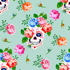 Seamless pattern with skull and rose. Floral skull background