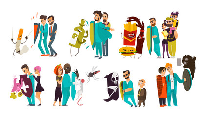 Big set of doctors who fight diseases, hold a shield to protect patients from problems, flat cartoon vector illustration isolated on white background. Doctor fight, physical and psychiatric protection