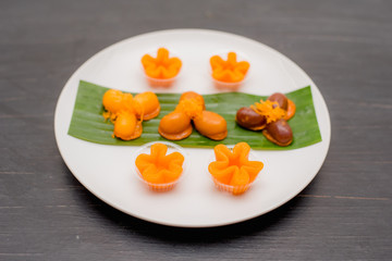 ancient Thai Dessert, Thai sweet dessert and ingredient in bowl on black background, appetizer, Thai Dessert, Thai food