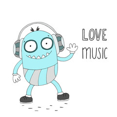Love music card. Hand Drawn cute cartoon Smiling monster.