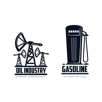 vector oil fuel pump, derrick and gasoline fueling station simple flat icon pictogram set isolated on a white background. Gas oil fuel, energy power industry symbol, sign