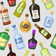 Alcohol strong drinks in bottles cartoon glasses whiskey, cognac, brandy, wine vector illustration seamless pattern background
