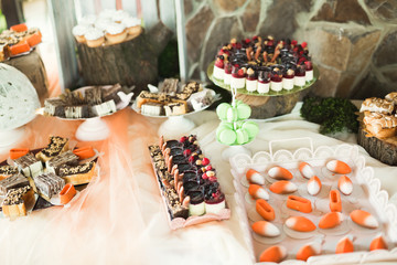 Different kinds of baked sweets on a buffet