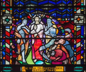 LONDON, GREAT BRITAIN - SEPTEMBER 16, 2017: The stained glass of Last Supper in church St Etheldreda by Charles Blakeman (1953 - 1953).