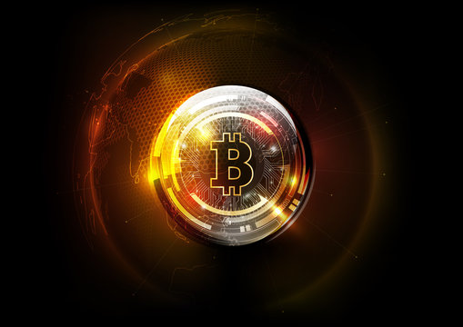Golden bitcoin digital currency and world globe hologram, futuristic digital money and technology worldwide network concept, vector illustration