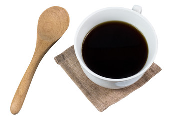 Black coffee in white cup and spoon. clipping path