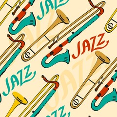hand drawn seamless pattern of musical instruments