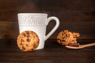 Chocolate chips cookies, hot chocolate, and place for text