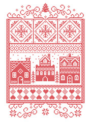Christmas Scandinavian, Nordic style winter stitching, pattern including snowflake, heart, winter wonderland village, gingerbread houses, church, Christmas tree, snow in red, white in rectangle
