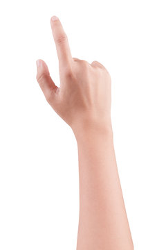 Female hand pressing touchscreen or pointing to something with clipping path