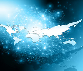 World map on a technological background, glowing lines symbols of the Internet, radio, television, mobile and satellite communications.