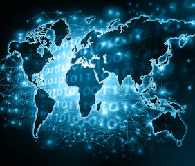 World map on a technological background, glowing lines symbols of the Internet, radio, television, mobile and satellite communications.