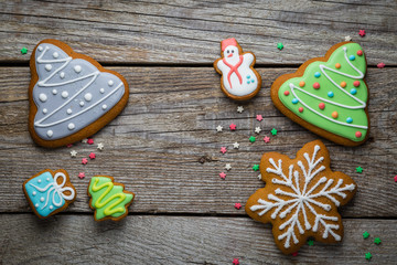 Christmas cookies on rustic wood background