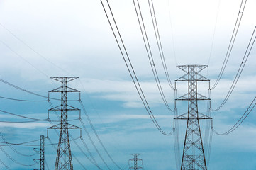 High voltage post.High-voltage tower sky,Part of high-voltage substation with switches and disconnectors.