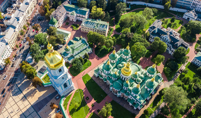 Aerial top view of St Sophia cathedral and Kiev city skyline from above, Kyiv cityscape, capital of Ukraine
