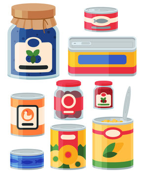 Collection of various tins canned goods food metal and glass container vector illustration.