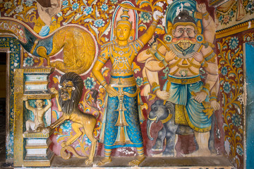 Old murals inside the caves of the Buddhist temple and monastery Mulkirigala Raja Maha Vihara. The...