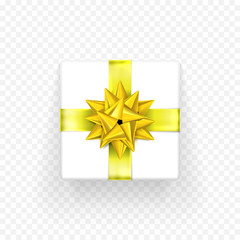 Gift box with golden or yellow bow ribbon isolated icon for Birthday, New Year or Christmas giftbox decoration or greeting card design template. Vector Bday gift wrapper on transparent background