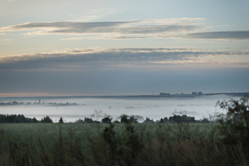 summer sunrise landscape with strong fog and green field