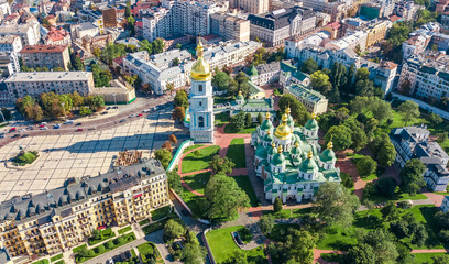 Aerial top view of St Sophia cathedral and Kiev city skyline from above, Kyiv cityscape, capital of Ukraine
