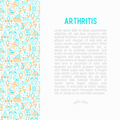 Arthritis concept with thin line icons of symptoms and treatments: pain in joints, obesity, fast food, alcohol, medicine, wheelchair. Vector illustration for banner, web page, print media.