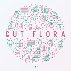 Fototapeta na wymiar Gut flora concept in circle with thin line icons: gut, bacteria, obesity, stomach, infection, depression, medicine. Vector illustration for medical survey or report.